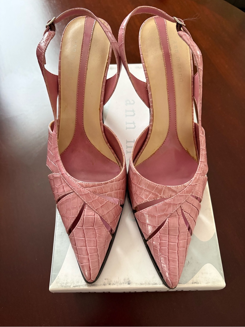 Ann Marino Pink Croc-Embossed Pointed Slingback Heels